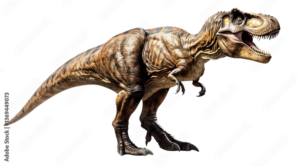 Fototapeta premium Tyrannosaurus Rex: A formidable Tyrannosaurus Rex stands imposing with open jaws, its prehistoric form dominating the frame. A stunning piece with vivid detail and a nod to the ancient world.