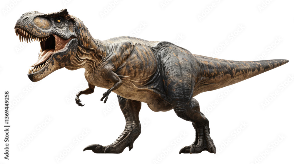 Fototapeta premium Tyrannosaurus Rex in Action: A photorealistic Tyrannosaurus Rex roars in a dynamic pose, showcasing its massive size and sharp teeth.