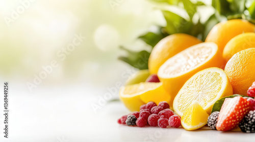 Fototapeta Naklejka Na Ścianę i Meble -  Fresh citrus fruits and berries on bright surface