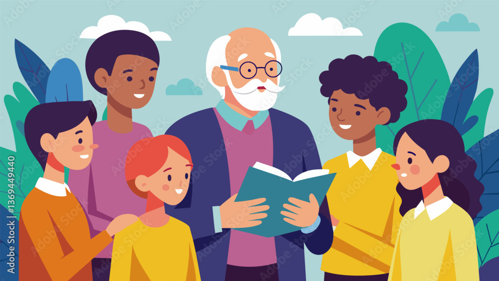 A retired politician mentors a group of young activists sharing their knowledge and experience in grassroots organizing and advocating for social. Vector illustration A retired politician mentors a group of young activists sharing their knowledge and experience in grassroots organizing and advocating for social. Vector illustration
