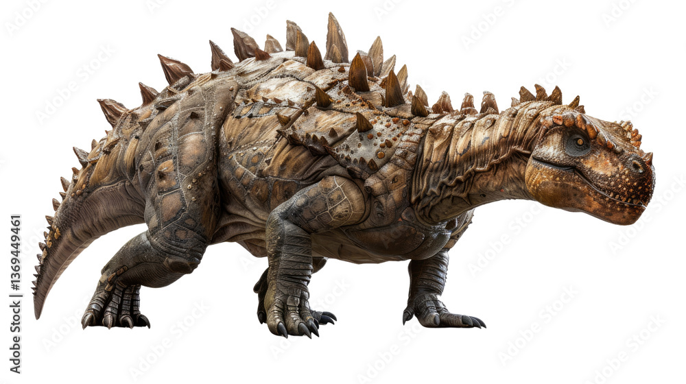 Fototapeta premium Ancient Armored Behemoth: A photorealistic rendering of a prehistoric Ankylosaurus, an herbivorous dinosaur, showcasing its armored body, bony plates, and formidable spikes.