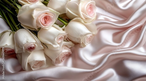 Beautiful white roses on a delicate flowing silk fabric
