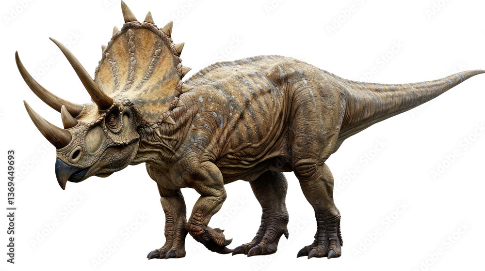 Fototapeta premium Ancient Titan: An impressive 3D render of a Triceratops, meticulously detailed and realistically textured, stands ready.