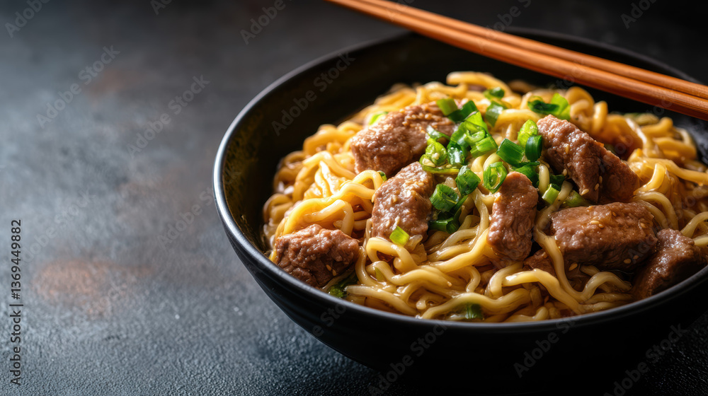 bowl of savory beef noodles garnished with fresh green onions bowl of savory beef noodles garnished with fresh green onions