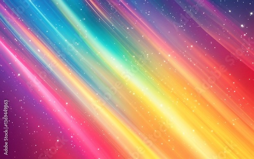 Colorful, vibrant abstract background with diagonal light rays and stars.