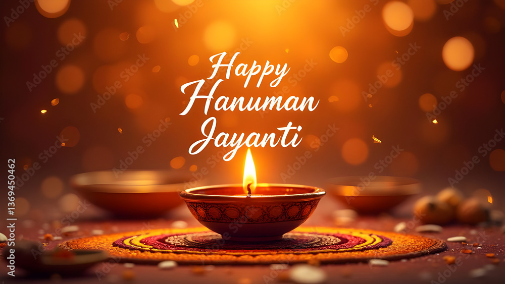 Happy Hanuman Jayanti Festival Artwork Featuring Lit Diya and Vibrant Rangoli, Indian Religious Celebration for Spiritual Worship, Cultural Heritage, and Traditional Hindu Festivities with Glowing War Happy Hanuman Jayanti Festival Artwork Featuring Lit Diya and Vibrant Rangoli, Indian Religious Celebration for Spiritual Worship, Cultural Heritage, and Traditional Hindu Festivities with Glowing War