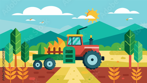 A tractor working in the fields harvesting corn for the dual purpose of feeding people and fueling vehicles.. Vector illustration