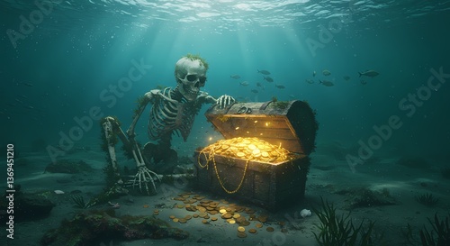 Skeleton discovering treasure chest underwater  