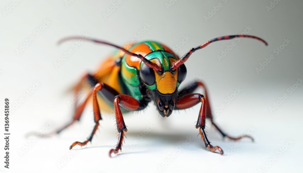 Fototapeta premium Close-up of colorful insect on white background, invertebrate, close up