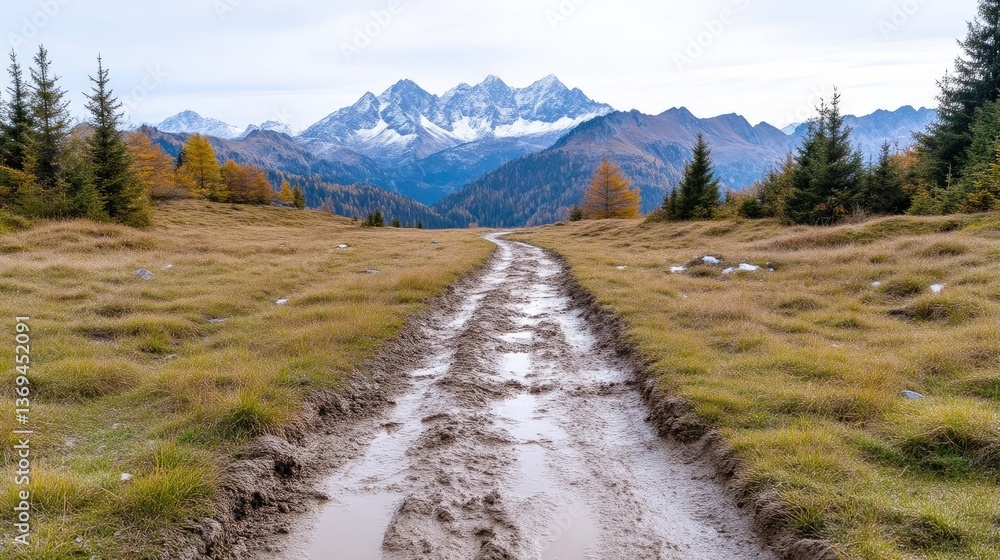 Obraz premium Mountain path through autumnal landscape. Muddy trail winding towards distant snow-capped peaks