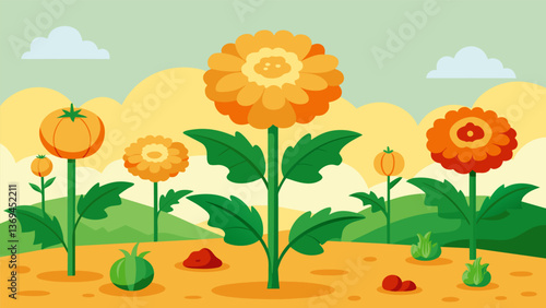 Colorful marigolds and plump zucchinis sprouted proudly from the oncebarren plot thanks to the hard work of students in the schools greening project.. Vector illustration