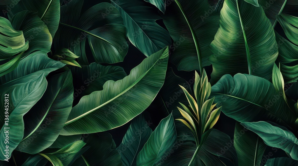Fototapeta premium Realistic Seamless Tropical Rainforest Foliage Pattern for Backgrounds, Textiles, and Nature-themed Designs
