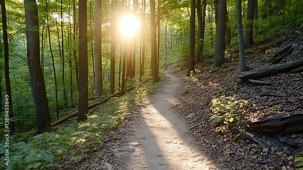 Obraz premium The sun shines brightly over a forest trail through the trees