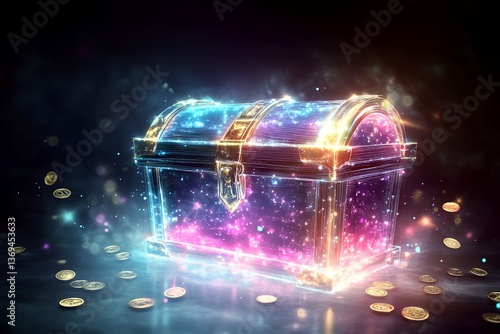 Enchanted glittering treasure chest amidst floating gold coins and magical glow