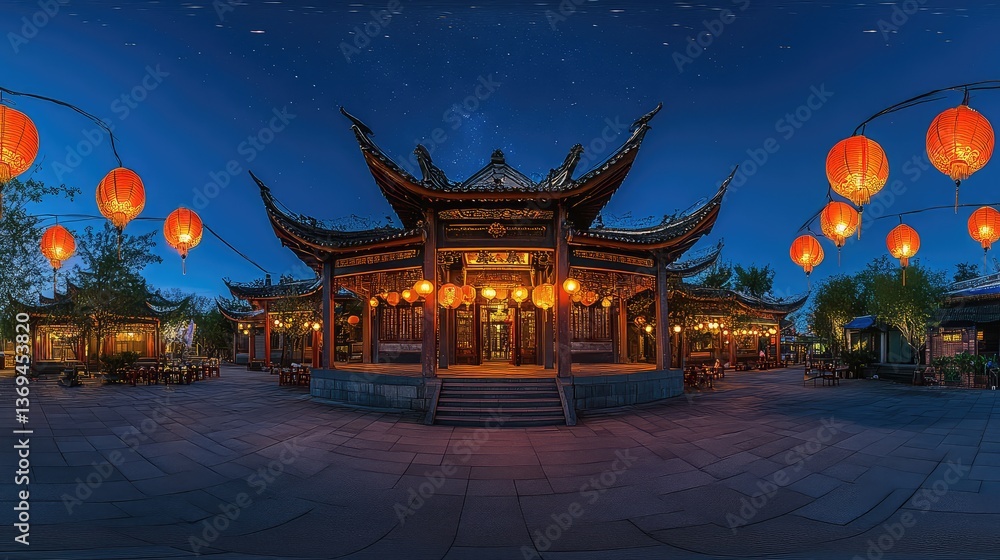 A panoramic view of a traditional Chinese temple with red lanterns glowing under the night sky, representing cultural heritage. A panoramic view of a traditional Chinese temple with red lanterns glowing under the night sky, representing cultural heritage.