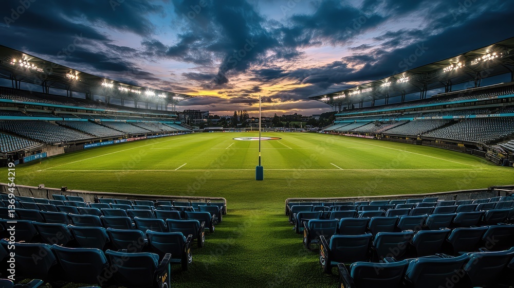 A perfectly lined rugby field inside a stadium, with rows of empty seats surrounding it, evoking a sense of anticipation.