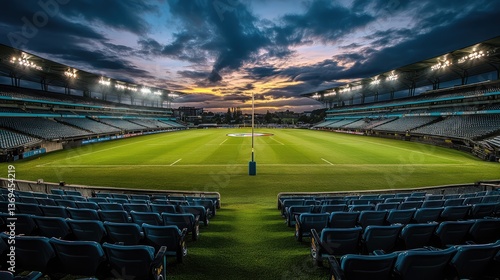 Obraz na płótnie A perfectly lined rugby field inside a stadium, with rows of empty seats surrounding it, evoking a sense of anticipation. w salonie