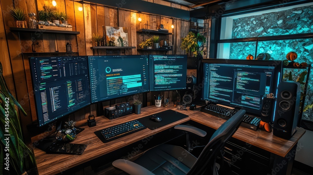 A professional workspace featuring a computer with dual monitors displaying a business presentation, ideal for remote work and online meetings. A professional workspace featuring a computer with dual monitors displaying a business presentation, ideal for remote work and online meetings.