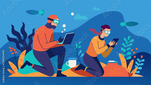 Even during their breaks the divers continue their work by monitoring and recording changes in the reef always seeking ways to improve and sustain its. Vector illustration