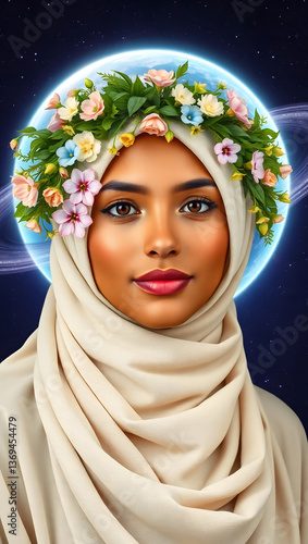 Serene Portrait of a Woman in Hijab with Floral Crown Embracing Spiritual Beauty and Cultural Elegance