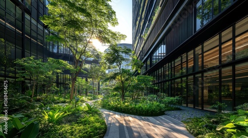 A serene urban garden surrounded by modern architecture, promoting nature in a cityscape.