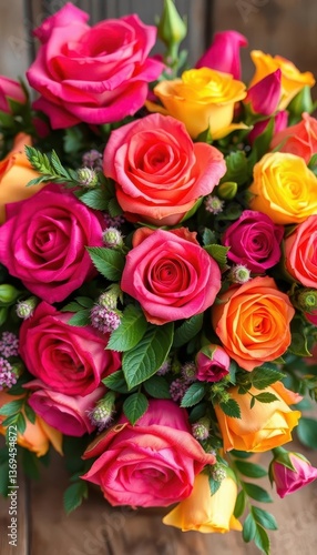 Rustic bouquet of vibrant roses and lush greenery, country style, arrangement, image