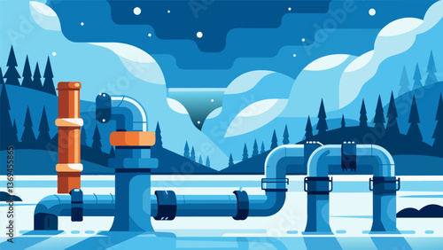 A set of industrial pipes running through a frigid outdoor environment but still maintaining a consistent temperature due to effective insulation.. Vector illustration