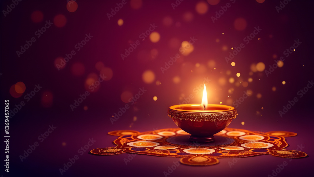 Beautifully Lit Diya Lamp on Vibrant Rangoli, Traditional Indian Festival Decoration for Spiritual Celebration, Warm Bokeh Lights, Copy Space for Text, Perfect for Diwali, Festive and Religious Themes Beautifully Lit Diya Lamp on Vibrant Rangoli, Traditional Indian Festival Decoration for Spiritual Celebration, Warm Bokeh Lights, Copy Space for Text, Perfect for Diwali, Festive and Religious Themes