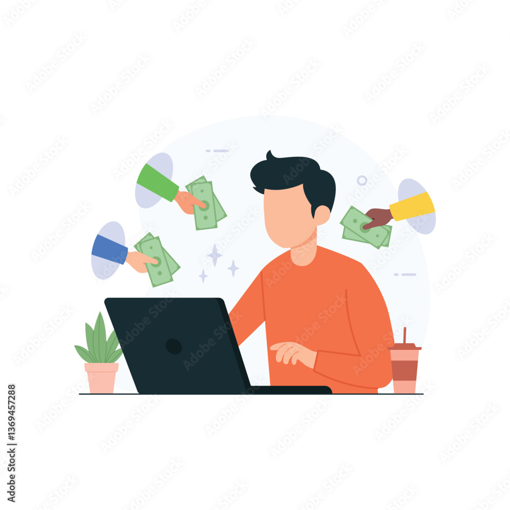 Freelancers earn income from multiple clients concept vector illustration Freelancers earn income from multiple clients concept vector illustration