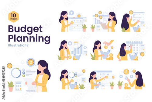 Ten illustrations showing a woman managing her budget, ideal for financial websites, blogs, social media posts, and educational materials.