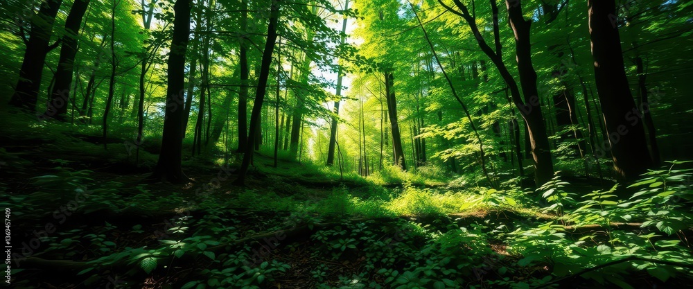 Obraz premium Sun-dappled forest floor, vibrant greens transitioning to deep emerald hues, calm, vibrant