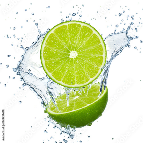 Fresh lime and a half slice create a splash in water, all on a clean white background.