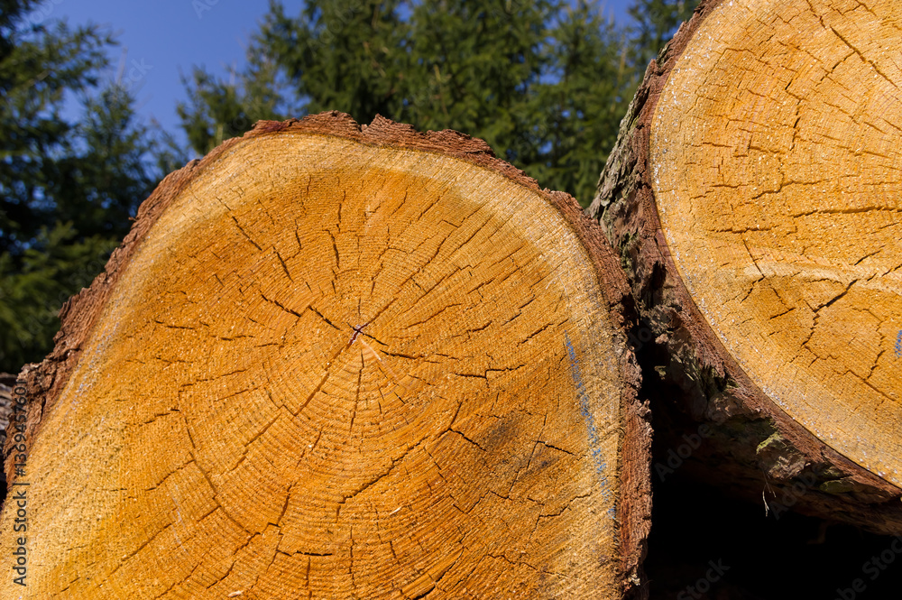 Naklejka premium Close-up view of tree trunks. Warehouse of material ready for further processing. Abstract background for various uses.
