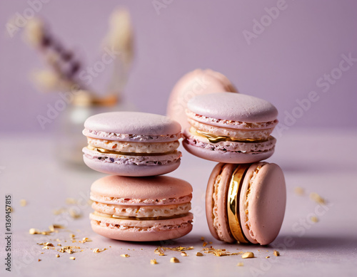 Wallpaper Mural gourmet macaron with subtle gold accent on plain pastel lilac background refined and delicate Torontodigital.ca
