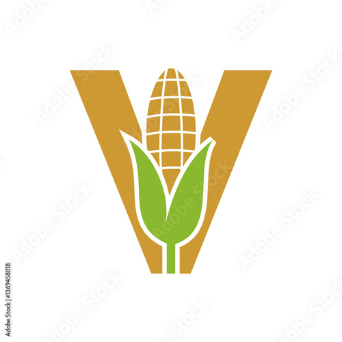 Agriculture Logo Design On Letter V With Corn Symbol for Farm Logo Template