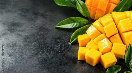 Fresh mango cubes with green leaves on dark background. Juicy and vibrant