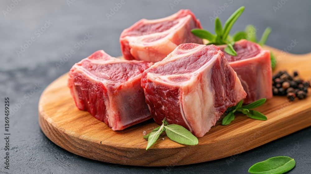 shot of raw beef bones with visible bone marrow, placed on a rustic wooden cutting board shot of raw beef bones with visible bone marrow, placed on a rustic wooden cutting board