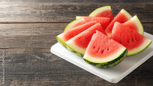 Slices of fresh watermelon on white cutting board