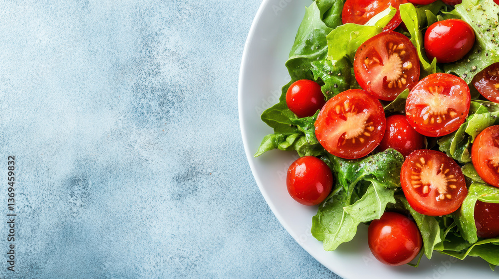 Fresh salad with cherry tomatoes and greens on white plate Fresh salad with cherry tomatoes and greens on white plate