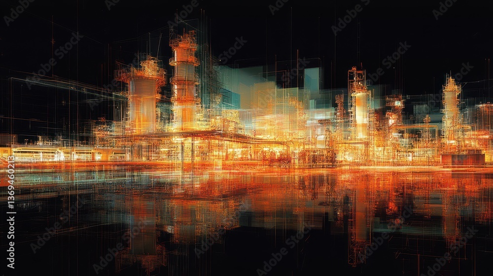 Fototapeta premium Petrochemical plant where cracking units float, reactor vessels glow like stars, and pipes pulse like veins in a living organism.