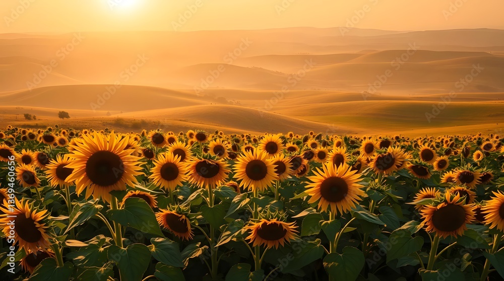 Fototapeta premium Sunrise over sunflower field, rolling hills