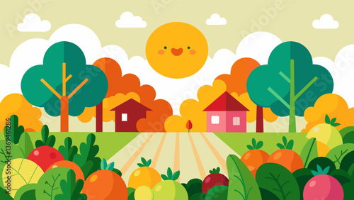 A warm breeze blowing through the rows of brightly colored vegetables the sun shining down on a group of neighbors chatting and laughing as they work. Vector illustration