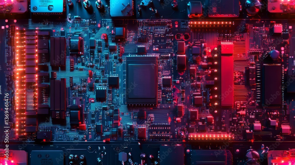 Detailed view of a circuit board illuminated with vibrant blue and red lights showcasing complex tech. Detailed view of a circuit board illuminated with vibrant blue and red lights showcasing complex tech.