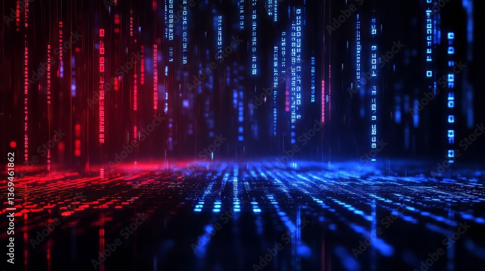 Abstract digital landscape with falling code and vibrant lighting creates a futuristic atmosphere. Abstract digital landscape with falling code and vibrant lighting creates a futuristic atmosphere.