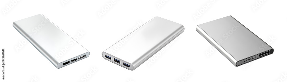 Set of modern portable power banks with slim elegant design isolated on a white or transparent background Set of modern portable power banks with slim elegant design isolated on a white or transparent background