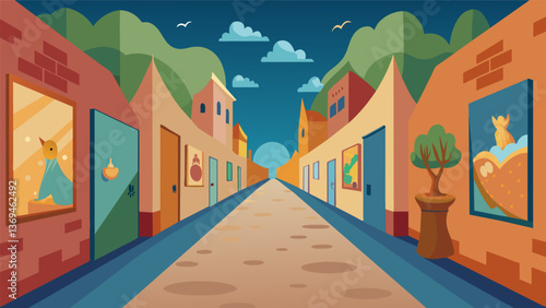 In an alleyway a series of small murals create a storybooklike atmosphere with each one adding to the narrative.. Vector illustration