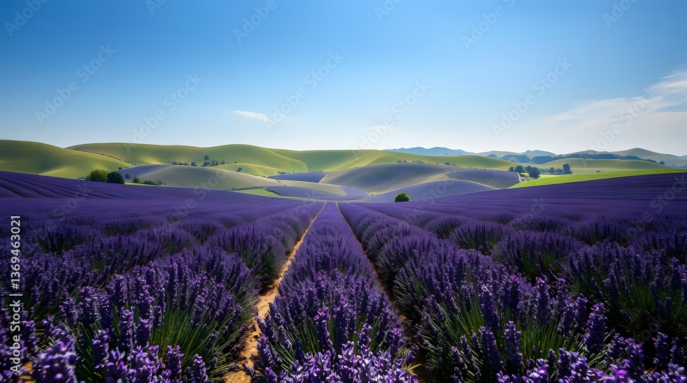 Naklejka premium Lavender field expanse, sunny hills