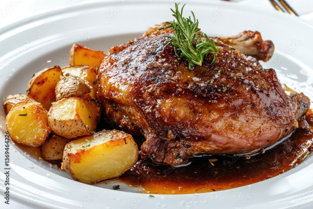 A fine-dining presentation of duck confit with crispy golden skin, served with a side of roasted potatoes, isolated on a transparent background. A fine-dining presentation of duck confit with crispy golden skin, served with a side of roasted potatoes, isolated on a transparent background.