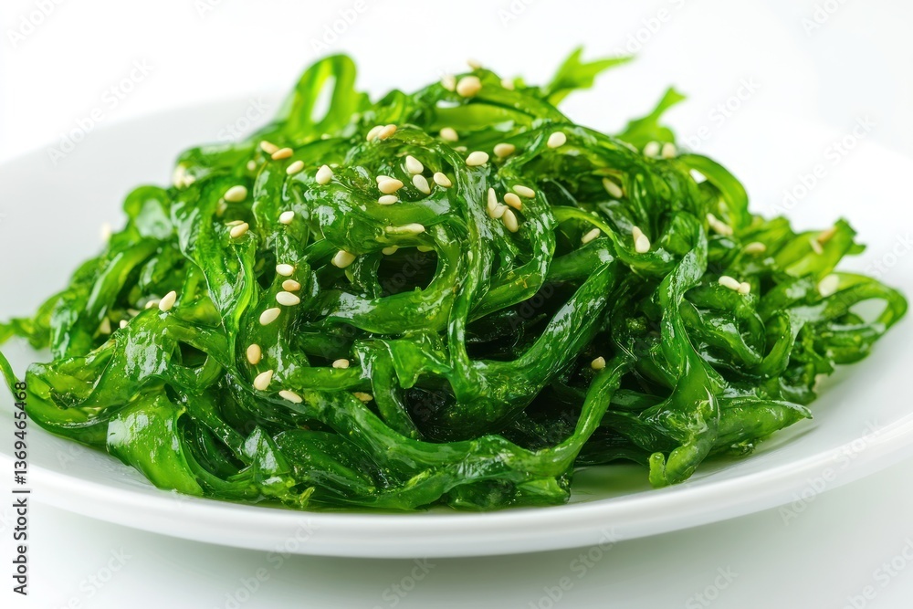 A fresh seaweed salad with sesame seeds and a citrusy dressing, vibrant green color, plated for restaurant menus, isolated on white. A fresh seaweed salad with sesame seeds and a citrusy dressing, vibrant green color, plated for restaurant menus, isolated on white.
