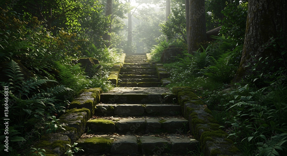 Obraz premium Stone steps ascend through lush green forest bathed in soft sunlight creating a serene mystical atmosphere. AI Generated